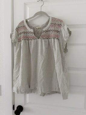 Lucky Brand Cream Striped Smocked Blouse with Pink Accents